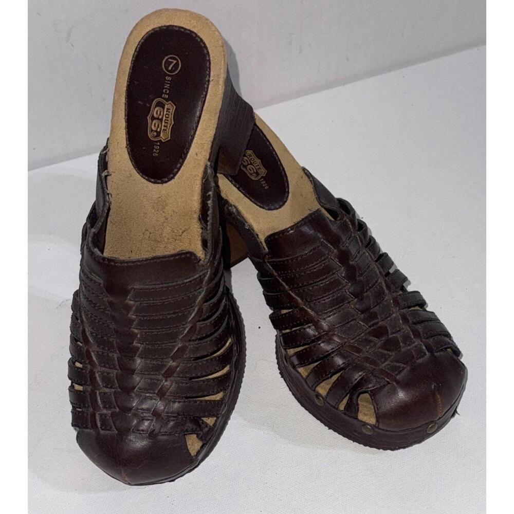 Route 66 Y2K 2000s Platform Chunky Brown Faux Leather Strappy Heel Mules Clogs